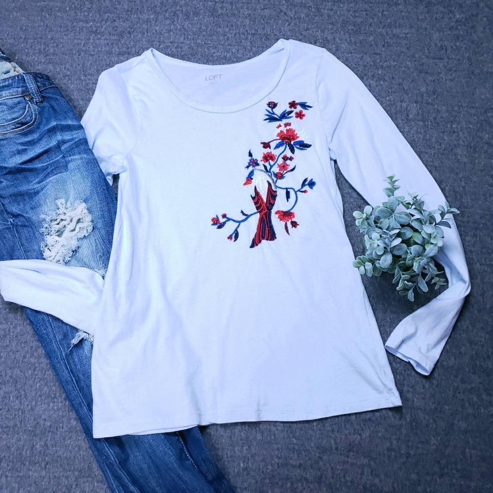 Loft Long Sleeve Bird Embroidered Beaded Tee